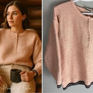 𝅺90S vintage Peachy pink boxy half button knit crew neck sweater.
